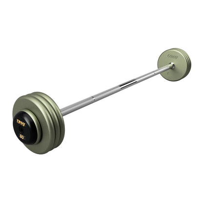 Troy Barbell HFB-R Pro Style 80lb Straight Gray Barbell Black End Cap on white background.