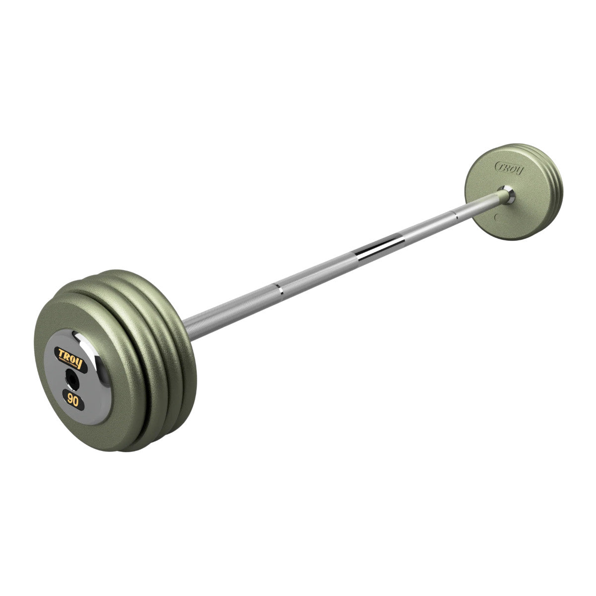 Troy Barbell HFB-C Pro Style 90lb Straight Gray Barbell Chrome End Cap on white background.