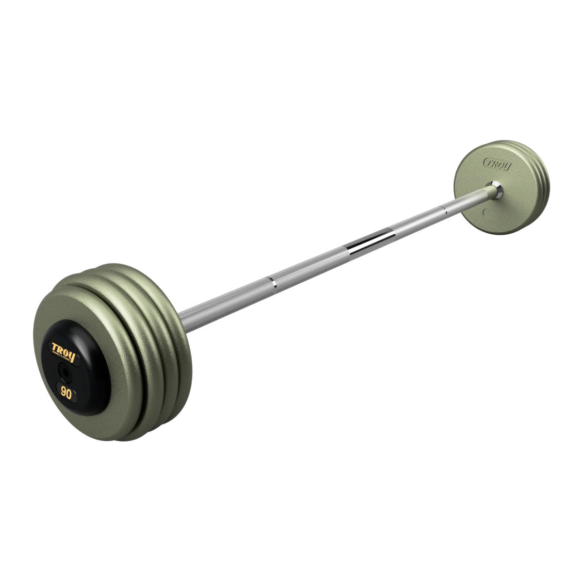Troy Barbell HFB-R Pro Style 90lb Straight Gray Barbell Black End Cap on white background.