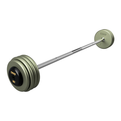 Troy Barbell HFB-R Pro Style 90lb Straight Gray Barbell Black End Cap on white background.