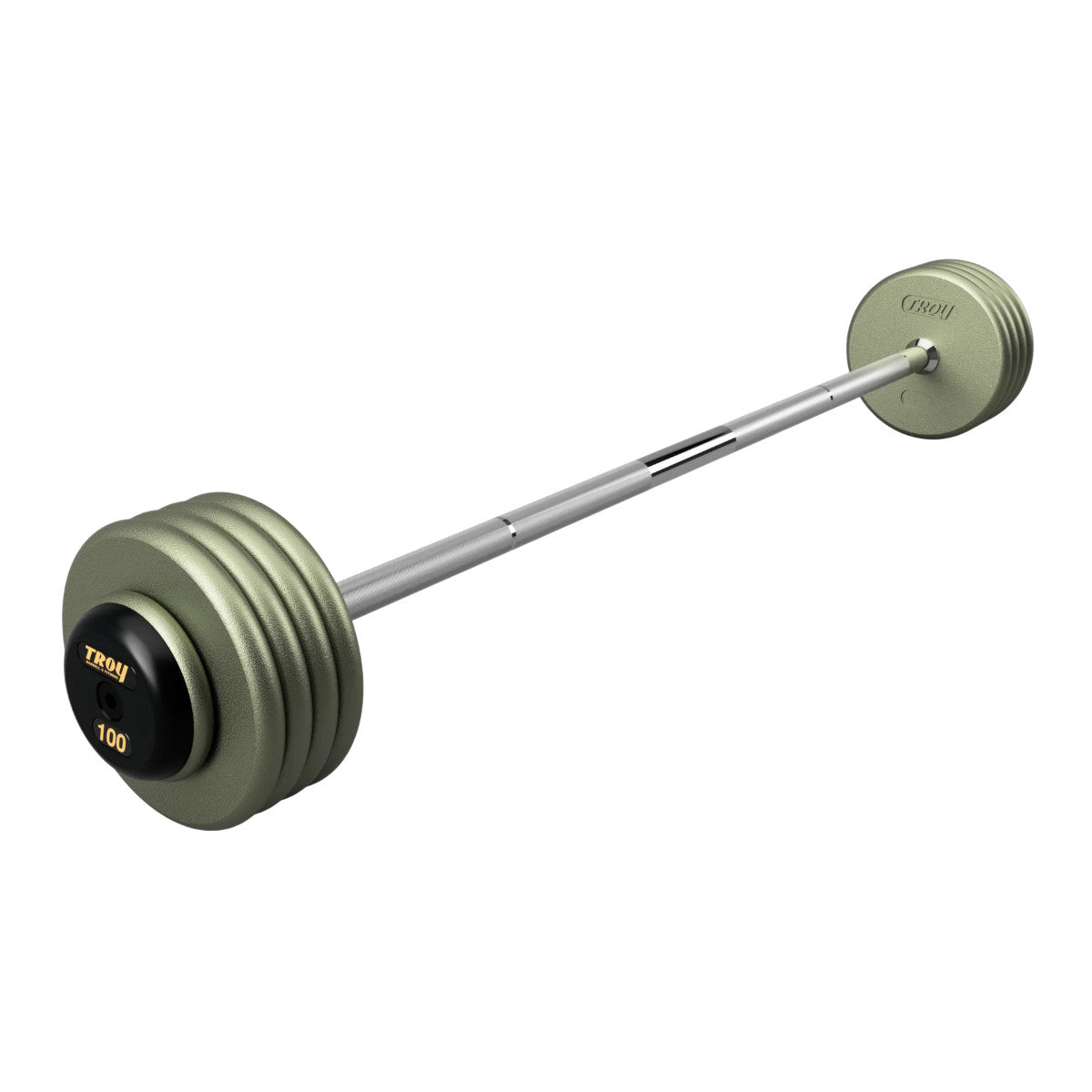 Troy Barbell HFB-R Pro Style 100lb Straight Gray Barbell Black End Cap on white background.