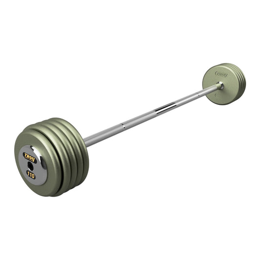 Troy Barbell HFB-C Pro Style 110lb Straight Gray Barbell Chrome End Cap on white background.