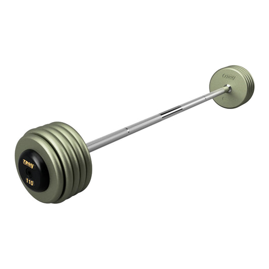 Troy Barbell HFB-R Pro Style 110lb Straight Gray Barbell Black End Cap on white background.