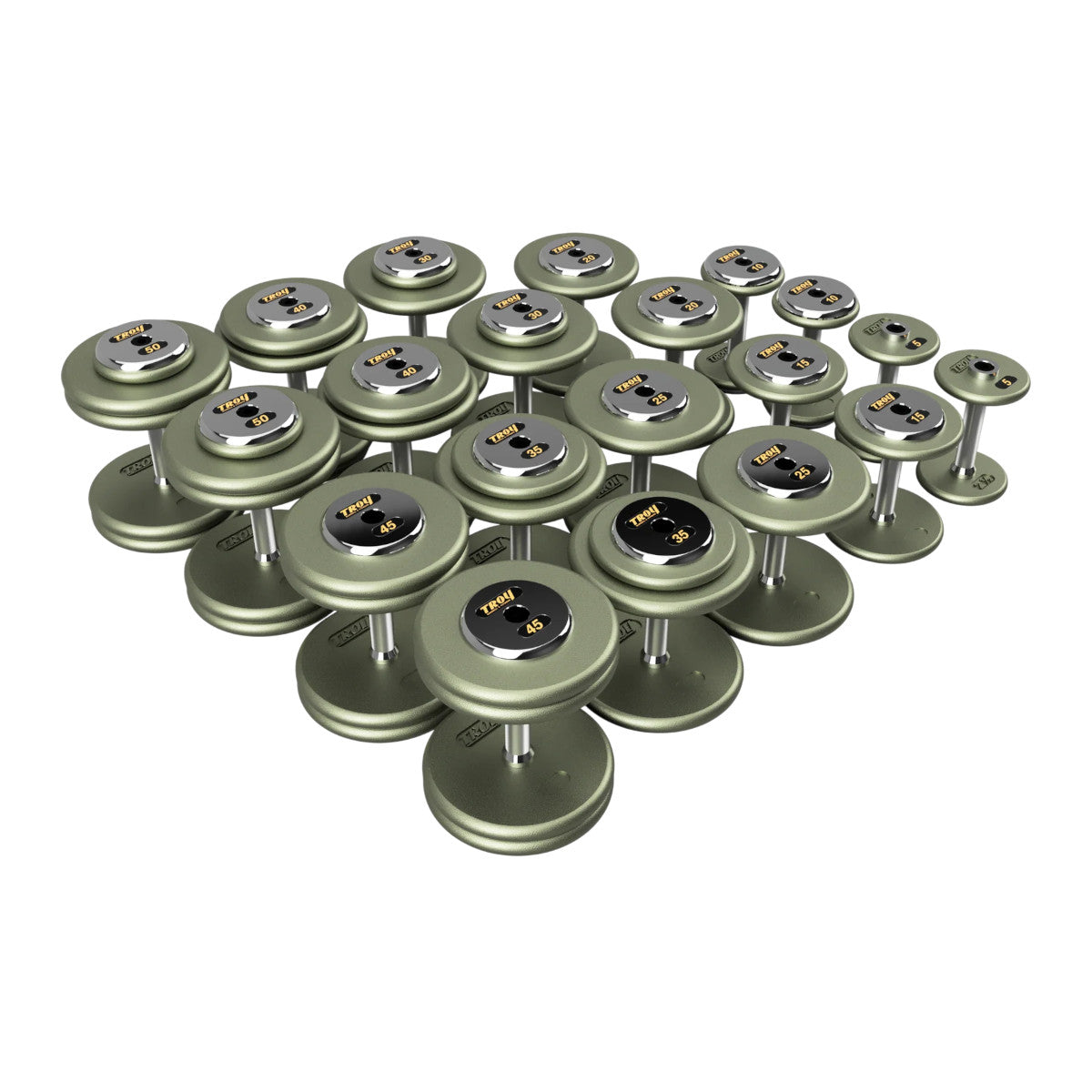 Troy Barbell HFD Pro Style Gray plates, straight handle with chrome end caps Dumbbells 5 to 50 lb set.