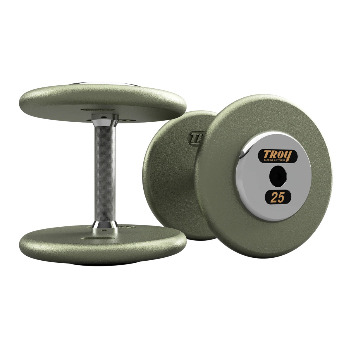 Troy Barbell HFD Pro Style Gray plates, straight handle with chrome end caps Dumbbells 25 lb pair.