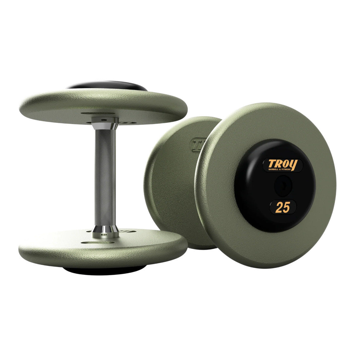 Troy Barbell HFD Pro Style Gray plates, straight handle with black rubber end caps Dumbbells 25 lb pair.