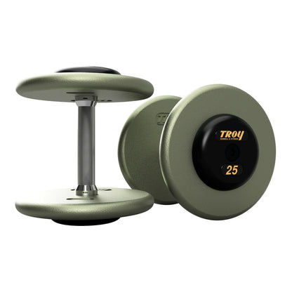 Troy Barbell HFD Pro Style Gray plates, straight handle with black rubber end caps Dumbbells 25 lb pair.