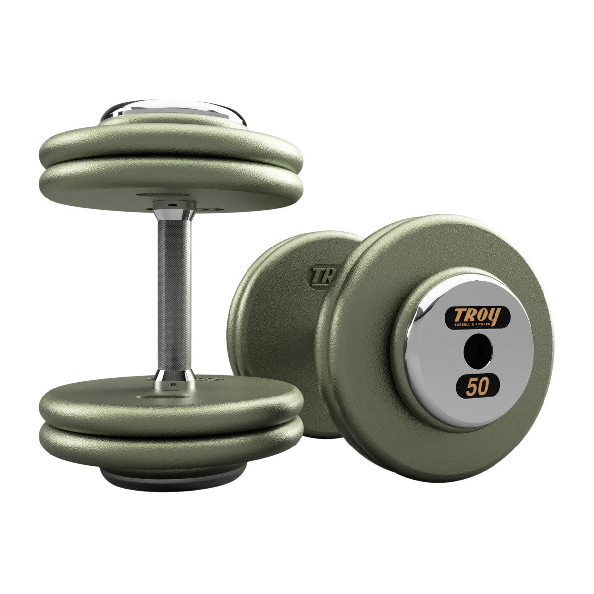 Troy Barbell HFD Pro Style Gray plates, straight handle with chrome end caps Dumbbells 50 lb pair.