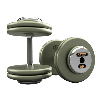 Troy Barbell HFD Pro Style Gray plates, straight handle with chrome end caps Dumbbells 50 lb pair.