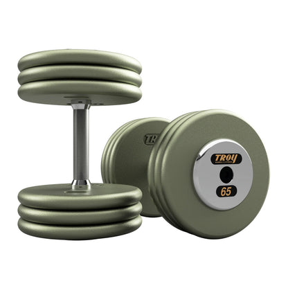 Troy Barbell HFD Pro Style Gray plates, straight handle with chrome end caps Dumbbells 65 lb pair.