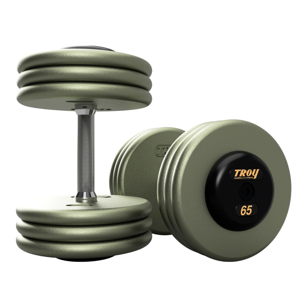 Troy Barbell HFD Pro Style Gray plates, straight handle with black rubber end caps Dumbbells 65 lb pair.