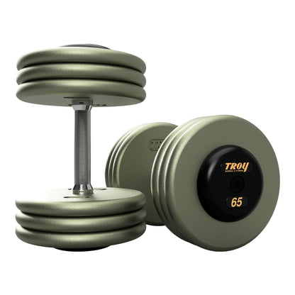 Troy Barbell HFD Pro Style Gray plates, straight handle with black rubber end caps Dumbbells 65 lb pair.