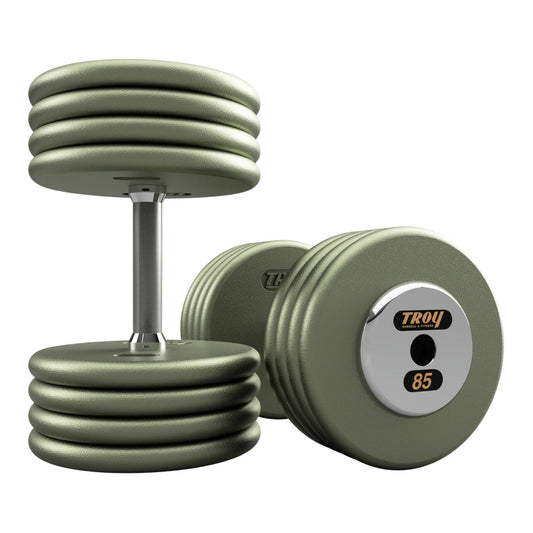 Troy Barbell HFD Pro Style Gray plates, straight handle with chrome end caps Dumbbells 85 lb pair.
