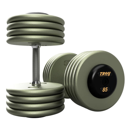 Troy Barbell HFD Pro Style Gray plates, straight handle with black rubber end caps Dumbbells 85 lb pair.