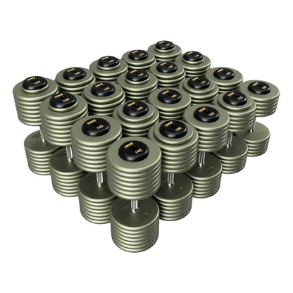 Troy Barbell HFD Pro Style Gray plates, straight handle with black rubber end caps Dumbbells 105  to 150 lb set.