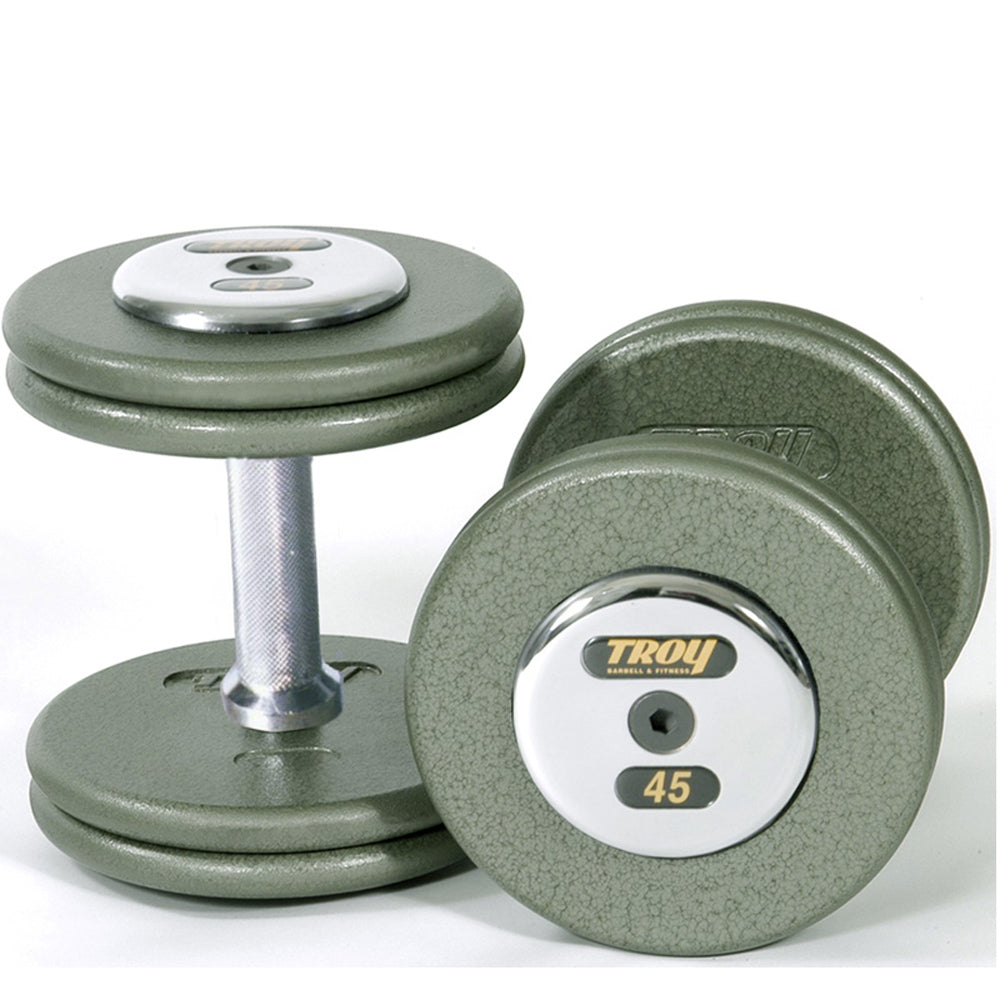 Troy Barbell HFD Pro Style Gray Dumbbell with chrome end caps.
