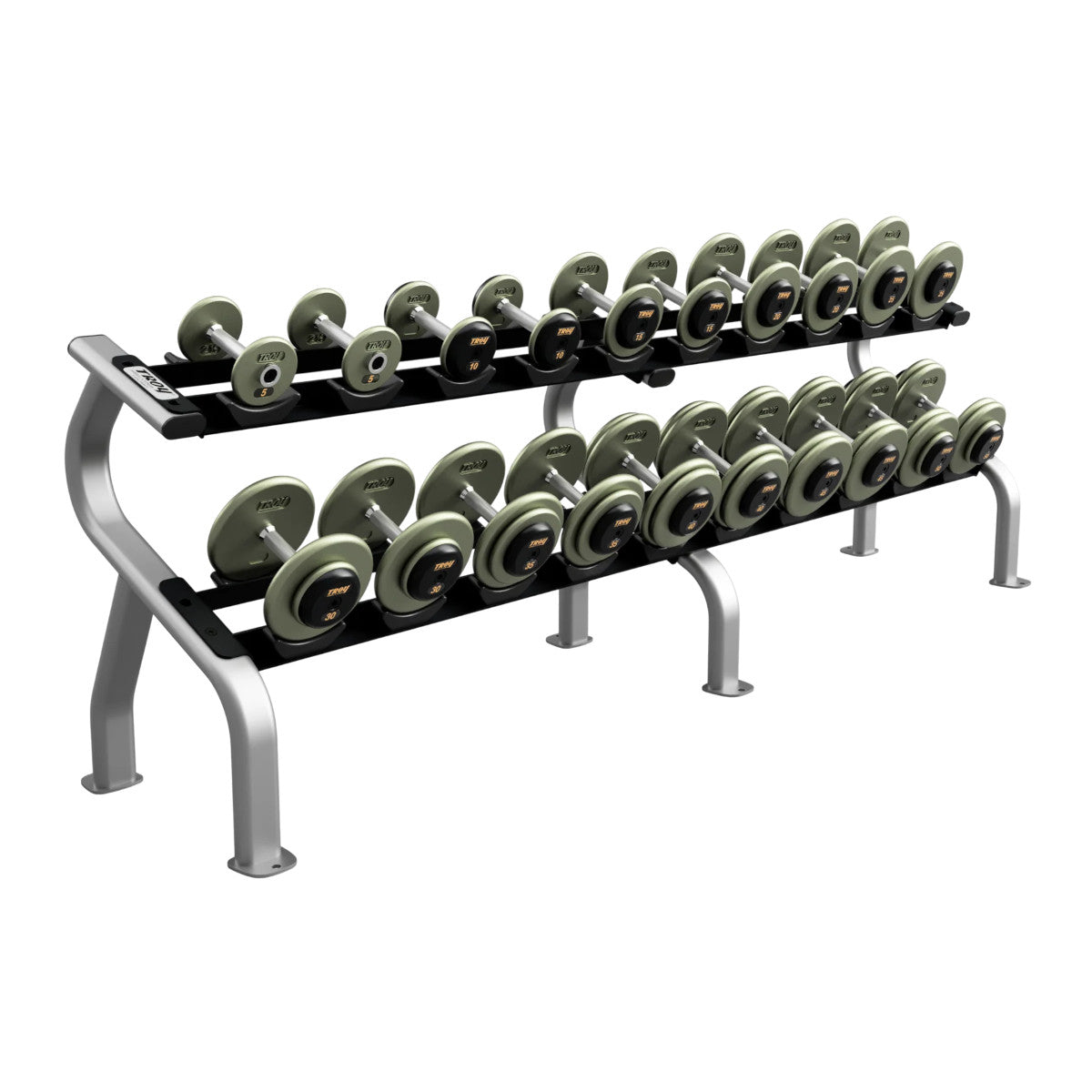 Troy Barbell HFD 5-100 Pro Style Gray Dumbbell Set w/Racks on white background