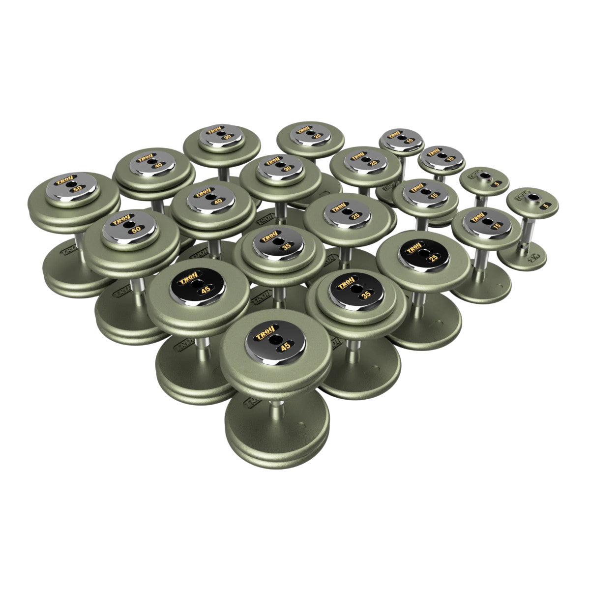 Troy Barbell HFDC Pro Style Gray plates, contour handle with chrome end cap Dumbbells 5 to 50 lb set.