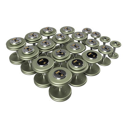 Troy Barbell HFDC Pro Style Gray plates, contour handle with chrome end cap Dumbbells 5 to 50 lb set.