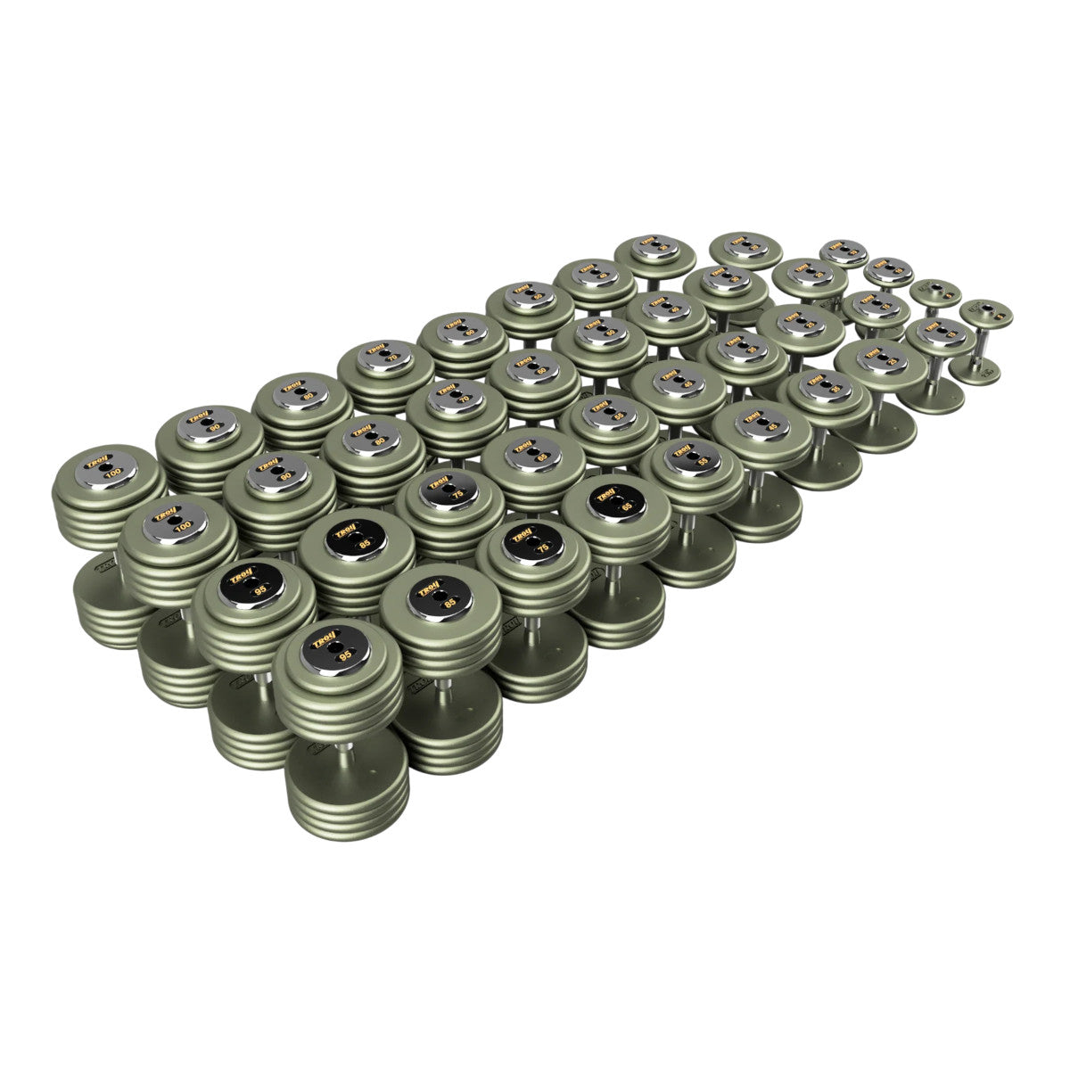 Troy Barbell HFDC Pro Style Gray plates, contour handle with chrome end cap Dumbbells 5 to 100 lb set.