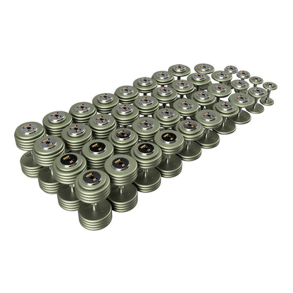 Troy Barbell HFDC Pro Style Gray plates, contour handle with chrome end cap Dumbbells 5 to 100 lb set.