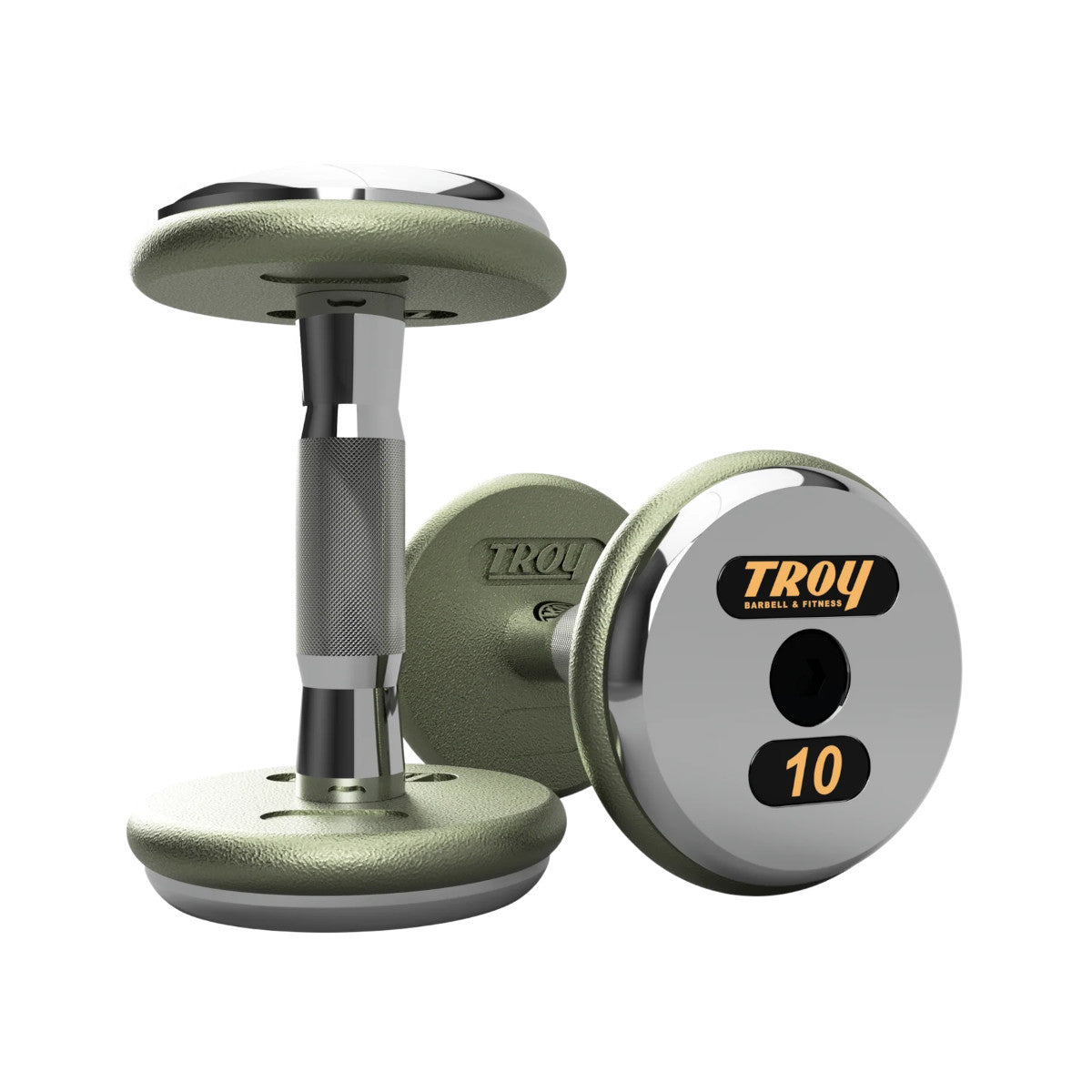 Troy Barbell HFDC Pro Style Gray plates, contour handle with chrome end cap Dumbbells 10 lb pair.