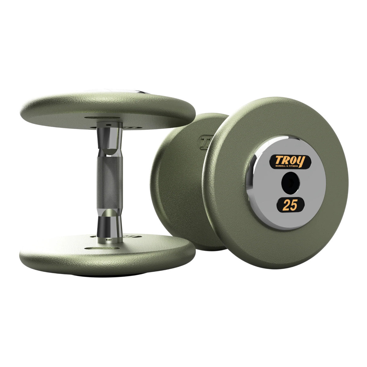 Troy Barbell HFDC Pro Style Gray plates, contour handle with chrome end cap Dumbbells 25 lb pair.