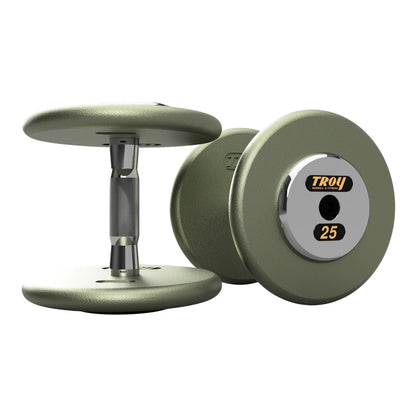 Troy Barbell HFDC Pro Style Gray plates, contour handle with chrome end cap Dumbbells 25 lb pair.