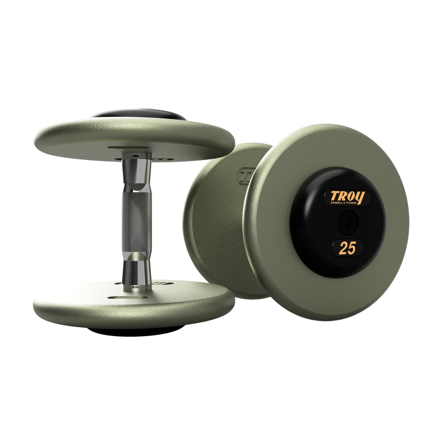 Troy Barbell HFDC Pro Style Gray plates, contour handle with black rubber end cap Dumbbells 25 lb pair.