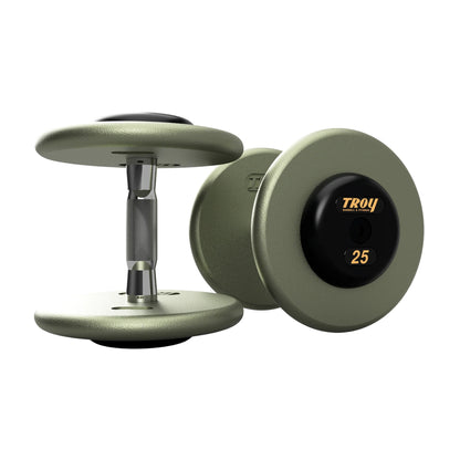 Troy Barbell HFDC Pro Style Gray plates, contour handle with black rubber end cap Dumbbells 25 lb pair.