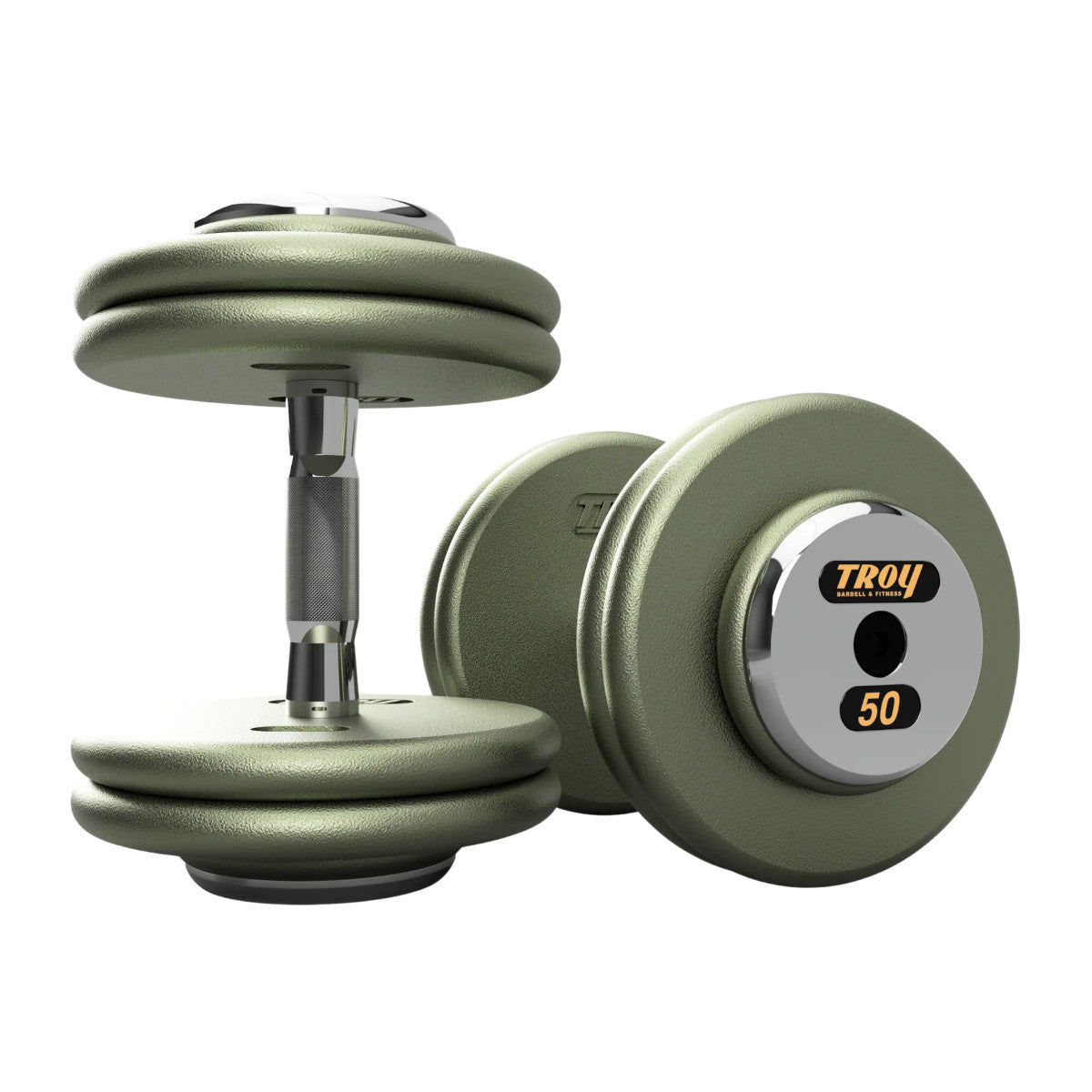 Troy Barbell HFDC Pro Style Gray plates, contour handle with chrome end cap Dumbbells 50 lb pair.
