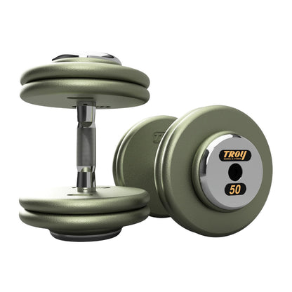 Troy Barbell HFDC Pro Style Gray plates, contour handle with chrome end cap Dumbbells 50 lb pair.