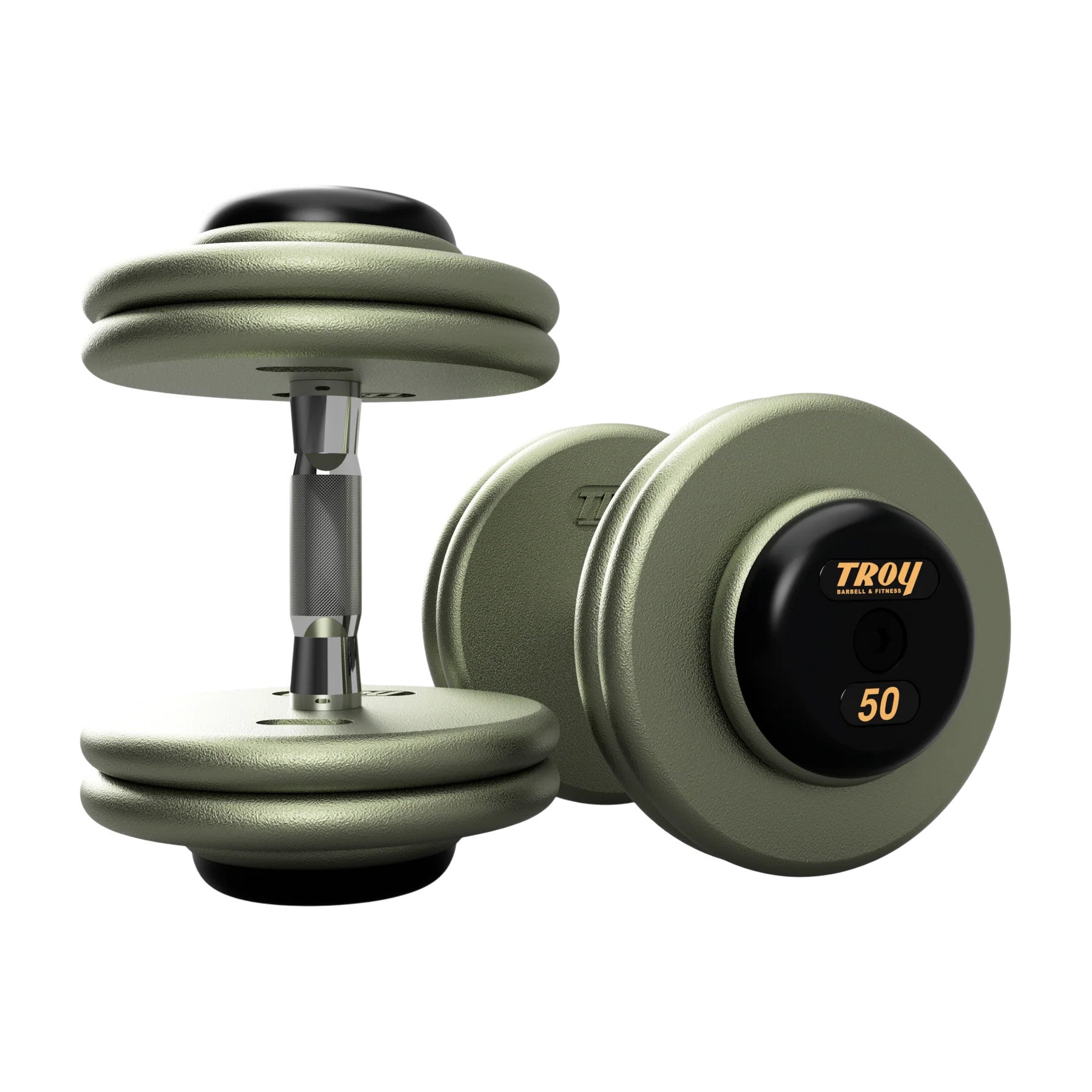 Troy Barbell HFDC Pro Style Gray plates, contour handle with black rubber end cap Dumbbells 50 lb pair.