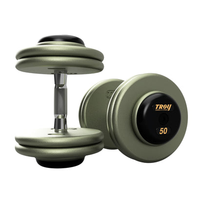 Troy Barbell HFDC Pro Style Gray plates, contour handle with black rubber end cap Dumbbells 50 lb pair.