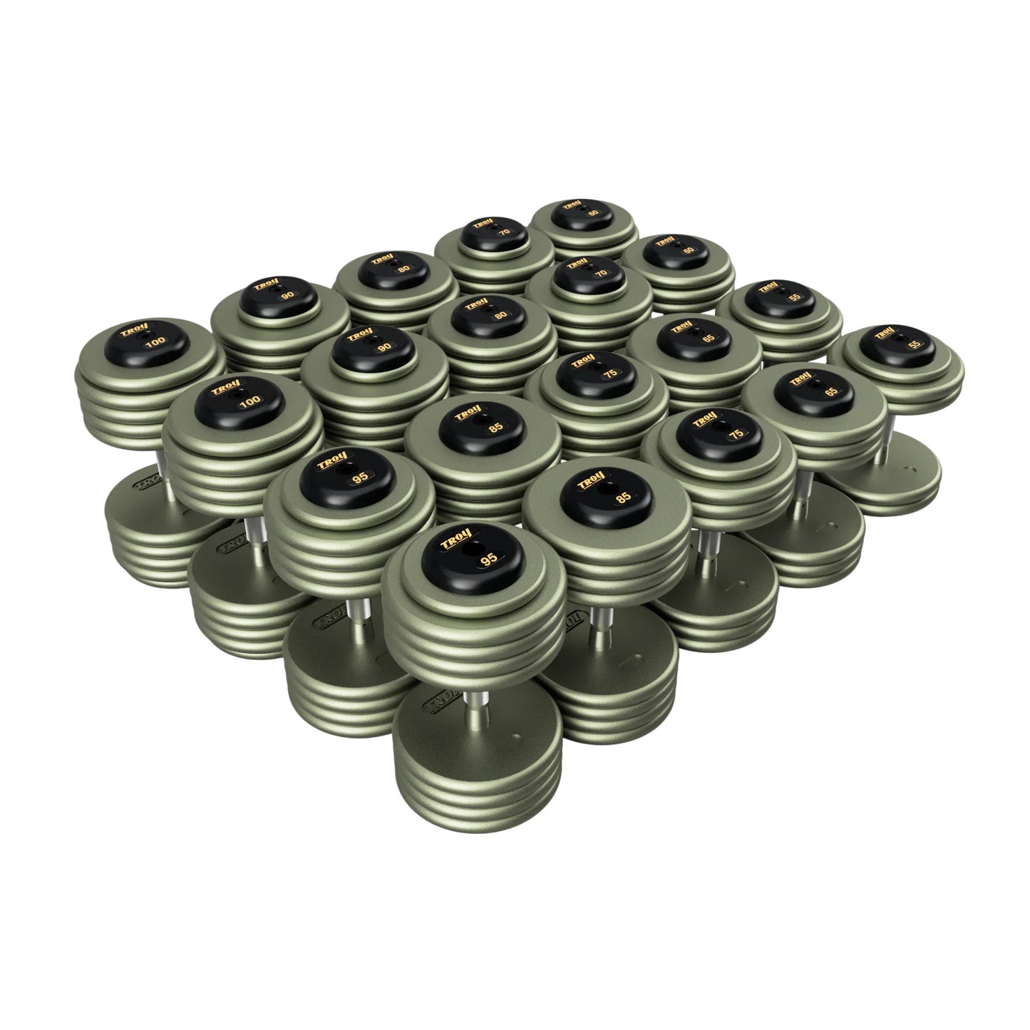 Troy Barbell HFDC Pro Style Gray plates, contour handle with black rubber end cap Dumbbells 55 to 100 lb set.