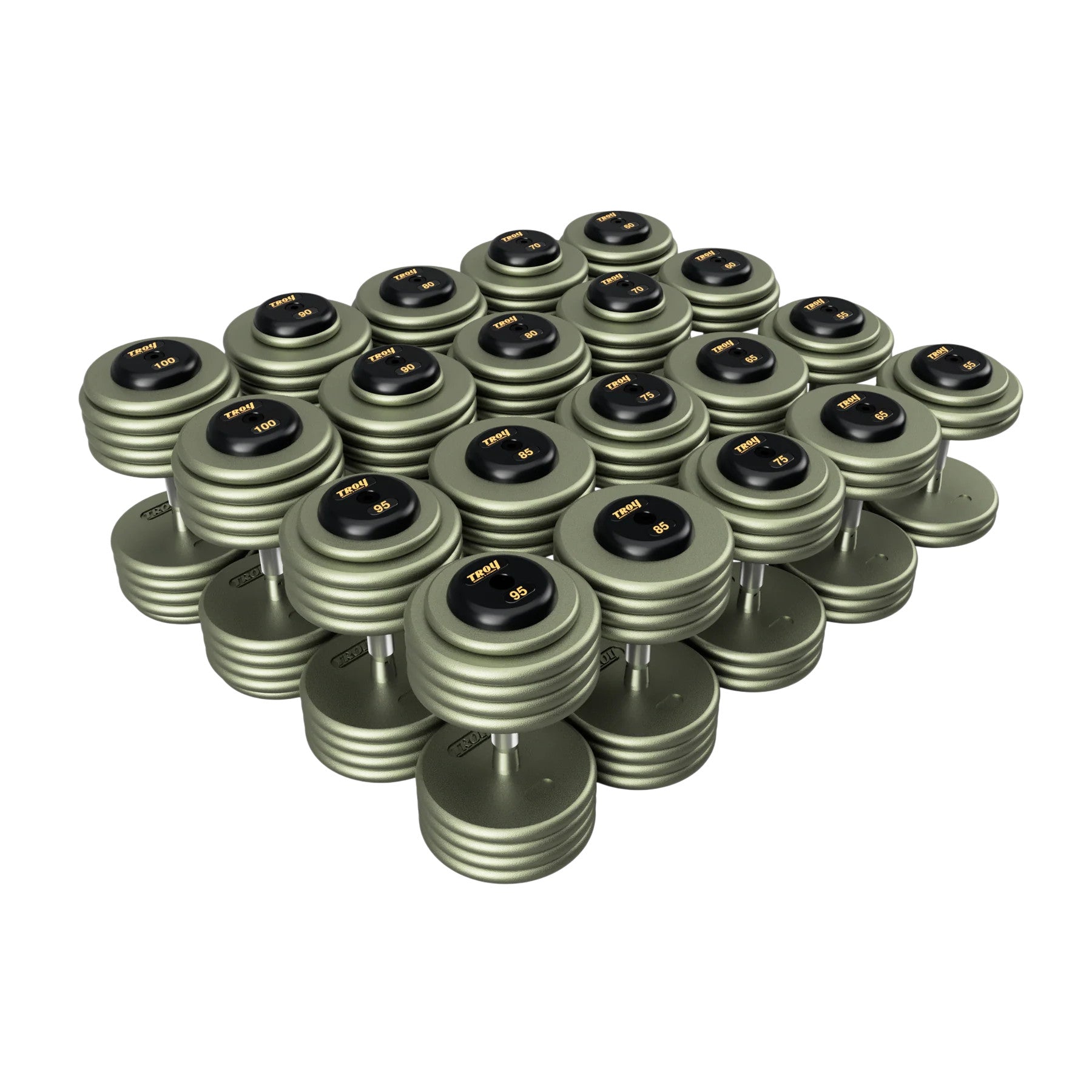 Troy Barbell HFDC Pro Style Gray plates, contour handle with black rubber end cap Dumbbells 55 to 100 lb set.