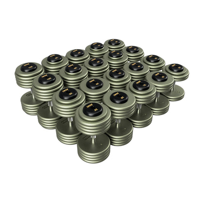 Troy Barbell HFDC Pro Style Gray plates, contour handle with black rubber end cap Dumbbells 55 to 100 lb set.