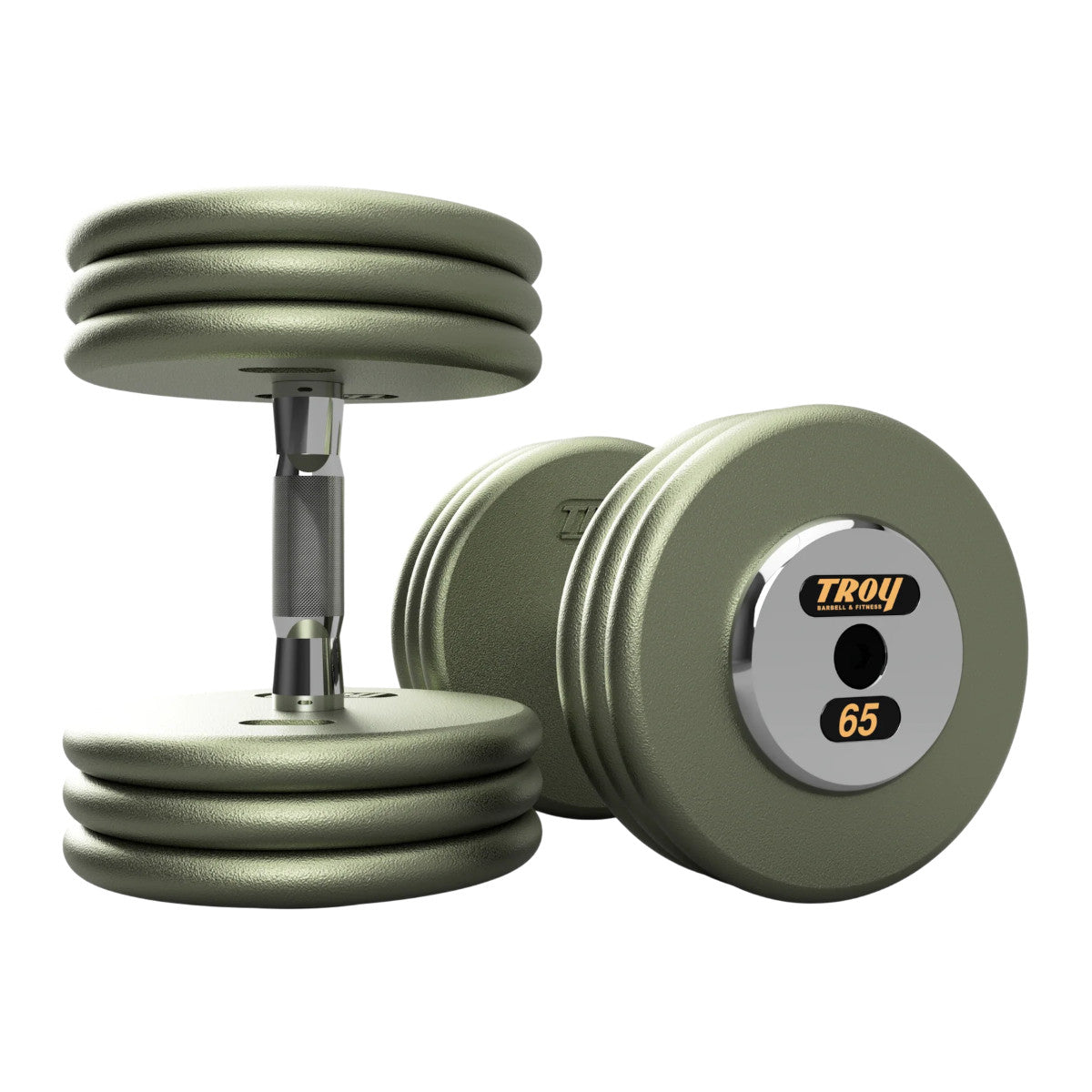 Troy Barbell HFDC Pro Style Gray plates, contour handle with chrome end cap Dumbbells 65 lb pair.