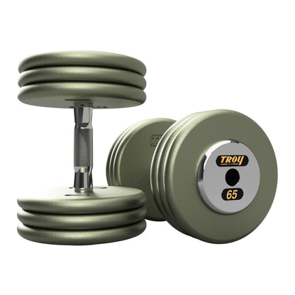 Troy Barbell HFDC Pro Style Gray plates, contour handle with chrome end cap Dumbbells 65 lb pair.
