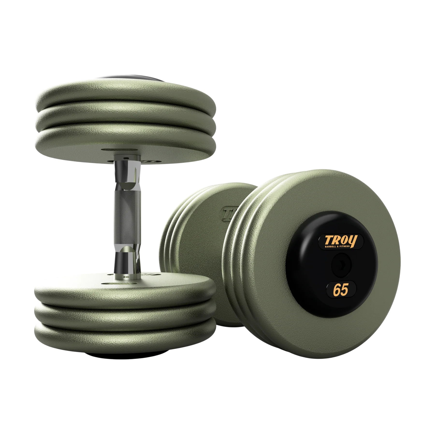 Troy Barbell HFDC Pro Style Gray plates, contour handle with black rubber end cap Dumbbells 65 lb pair.