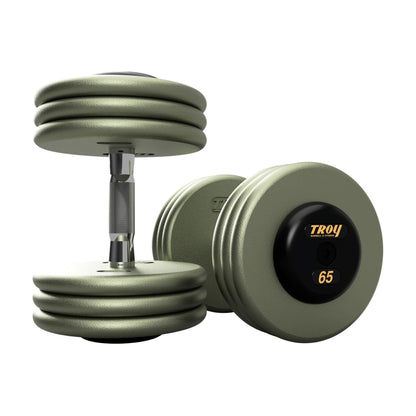 Troy Barbell HFDC Pro Style Gray plates, contour handle with black rubber end cap Dumbbells 65 lb pair.