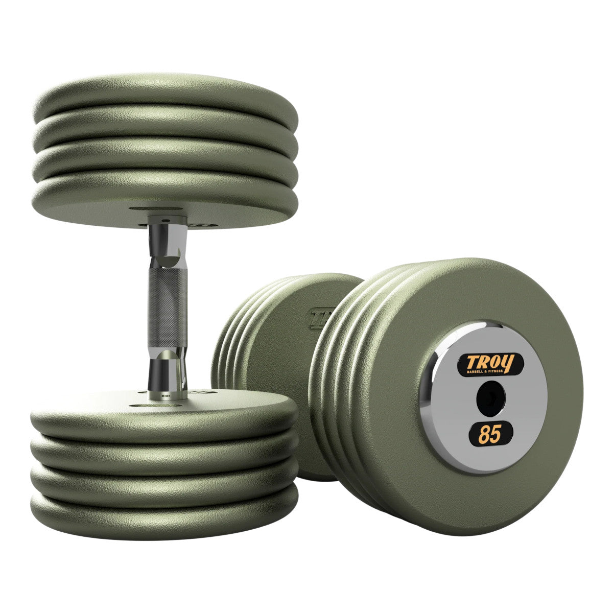 Troy Barbell HFDC Pro Style Gray plates, contour handle with chrome end cap Dumbbells 85 lb pair.