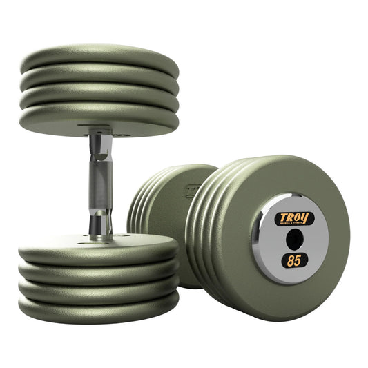 Troy Barbell HFDC Pro Style Gray plates, contour handle with chrome end cap Dumbbells 85 lb pair.
