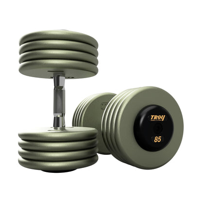 Troy Barbell HFDC Pro Style Gray plates, contour handle with black rubber end cap Dumbbells 85 lb pair.