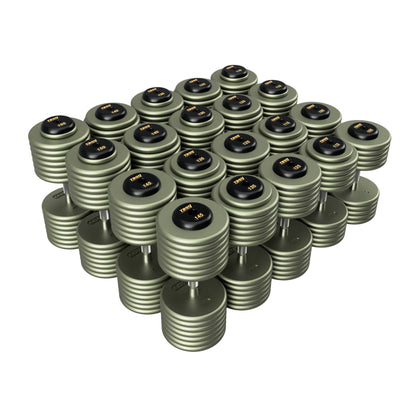 Troy Barbell HFDC Pro Style Gray plates, contour handle with black rubber end cap Dumbbells 105 to 150 lb set.