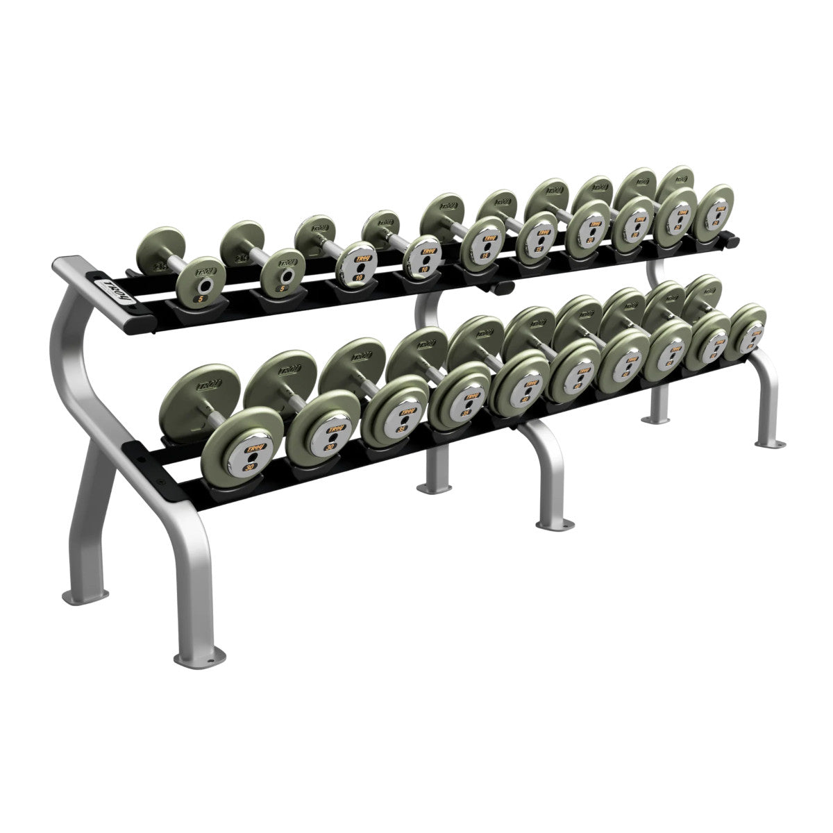 Troy Barbell HFDC 5-100 Pro Style Gray Dumbbell Set w/Racks on white background