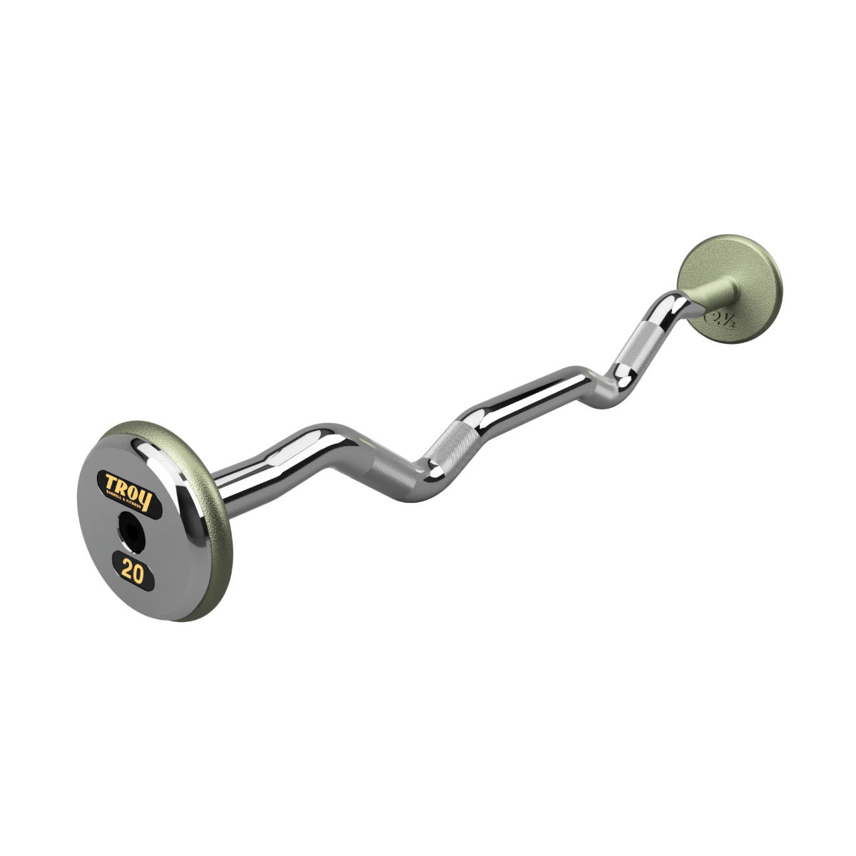 Troy Barbell HZB-C Pro Style 20lb EZ Curl Gray Barbell Chrome End Cap on white background.