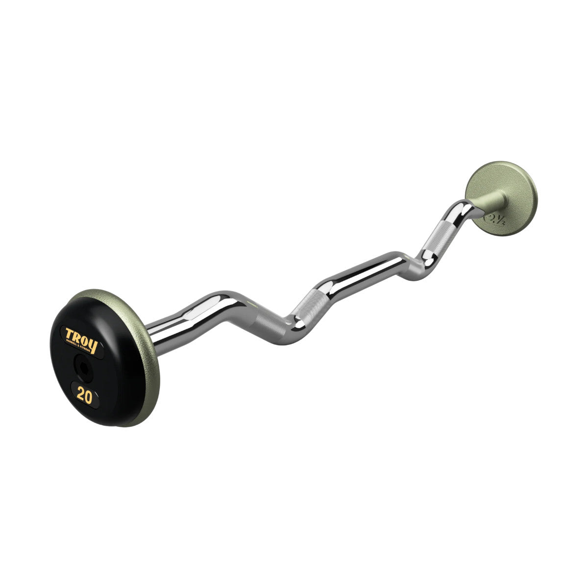 Troy Barbell HZB-R Pro Style 20lb EZ Curl Gray Barbell Black Rubber End Cap on white background.