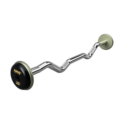 Troy Barbell HZB-R Pro Style 20lb EZ Curl Gray Barbell Black Rubber End Cap on white background.