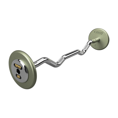 Troy Barbell HZB-C Pro Style 30lb EZ Curl Gray Barbell Chrome End Cap on white background.